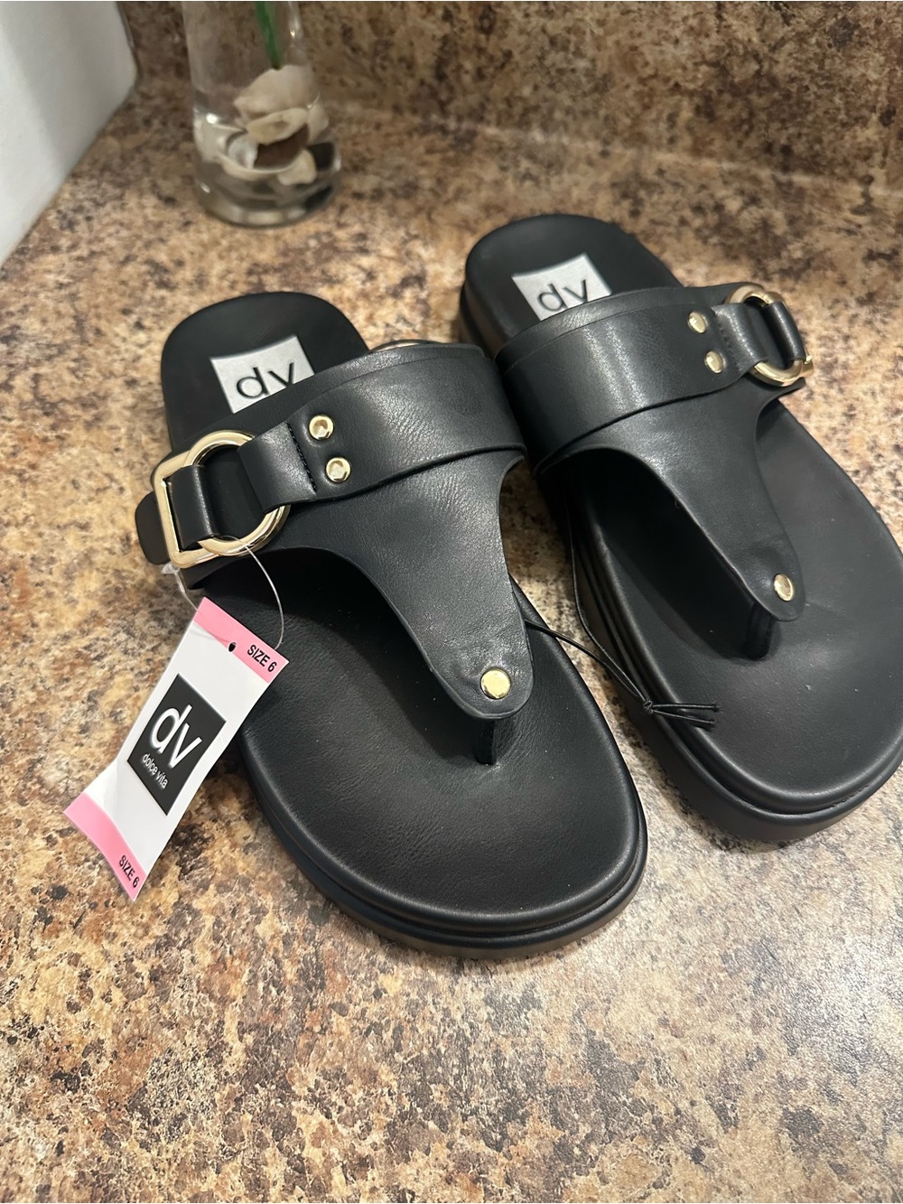 DV by Dolce Vita Black Thong Slide Sandals with Gold Buckle